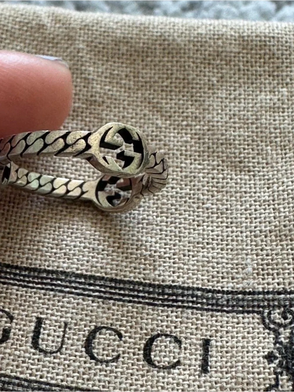Gucci Interlocking G Sterling Silver Ring Size 6 w/ Box & Pouch